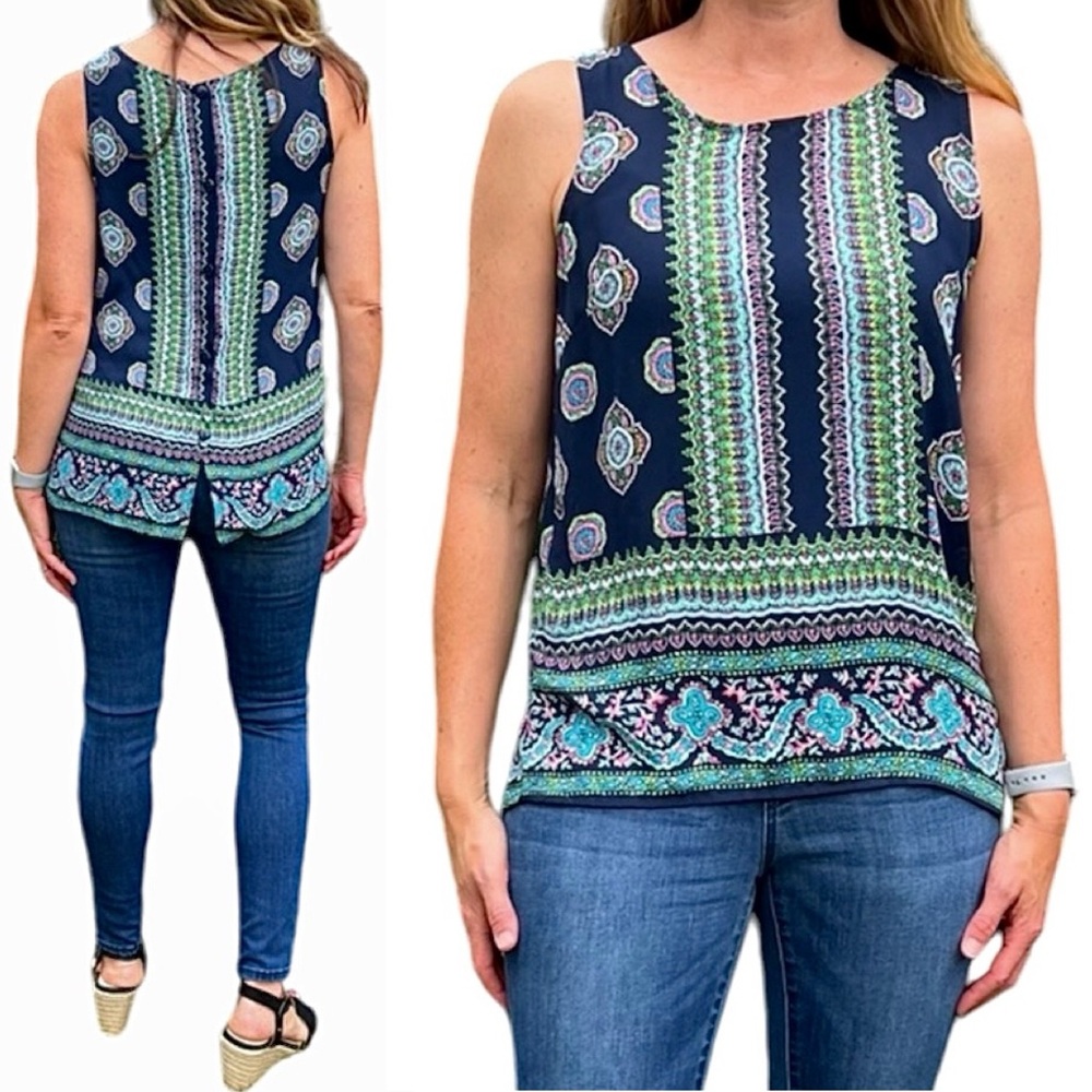 - Cynthia Rowley S Navy Print Sleeveless Blouse! VGUC!
